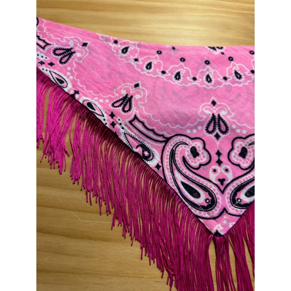 Rhinestone Cowgirl Pink Paisley Fringe Dog Bandana Handmade Western Accessory